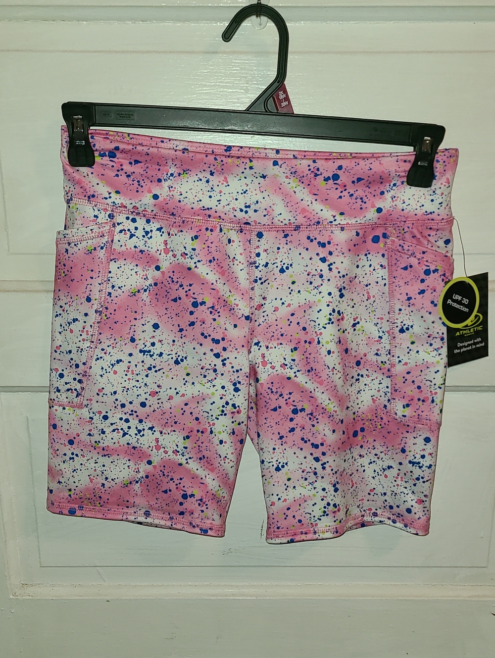 Athletic Works Pink Splatter Active Shorts with Blue and Yellow Dots